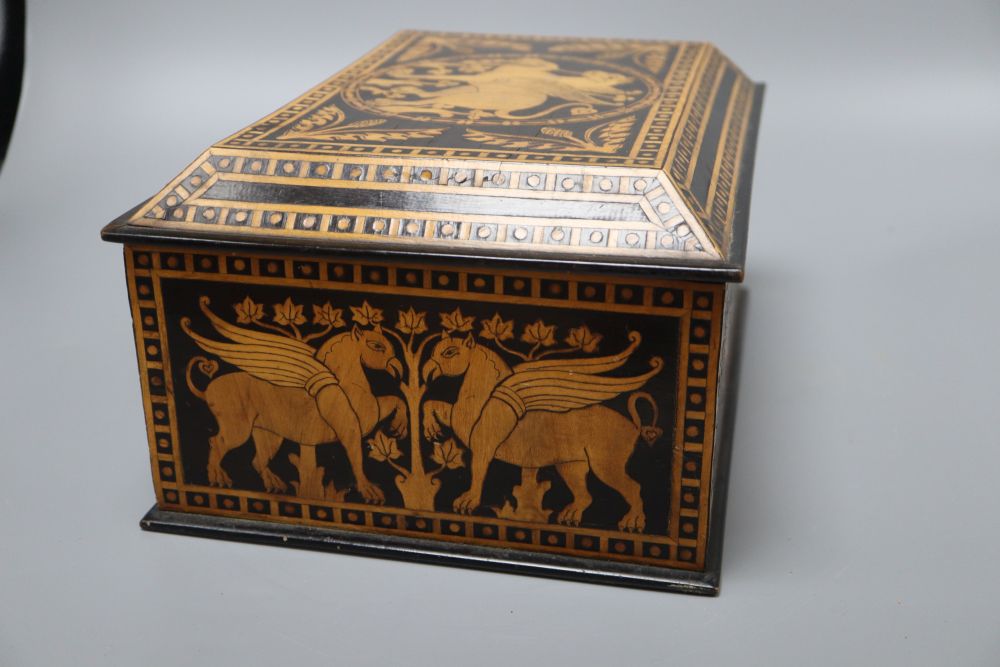 A French neo-classical style inlaid box, depicting Pegasus, length 28cm